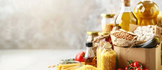 Donation container filled with a variety of food items including oil, canned goods, grains, and pasta. Empty space for text.