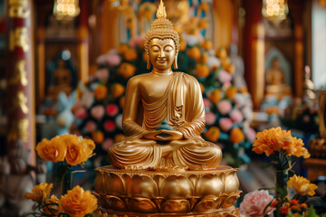 Buddha in lotus position meditation in temple decorated with flowers. Holiday Buddha's Birthday. Buddhism concept