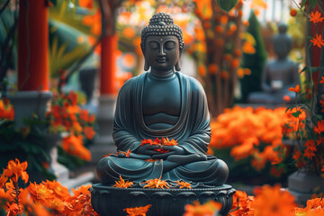 Buddha in lotus position meditation. Monument with orange flowers in temple courtyard. Holiday...