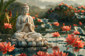 Buddha meditation in lotus position. Buddha statue on river with blooming pink lotuses, natural landscape. Template for design, place for text. Buddhism concept