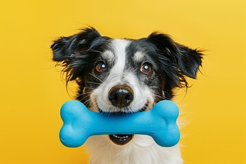 Joyful dog holding blue toy bone on yellow background