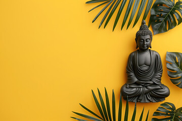 Dark Buddha figurine in lotus position and palm leaves on bright yellow uniform background. Layout,...