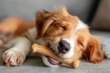 Joyful puppy with chew stick eating yak milk cheese bone promoting health