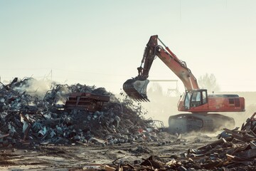 Large crane deposits scrap on pile with visible dust and available copy space