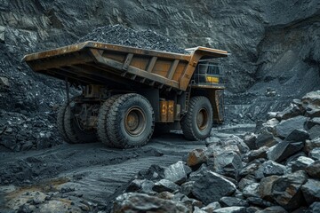 Large quarry dump truck loading coal for production of useful minerals from open pit mine