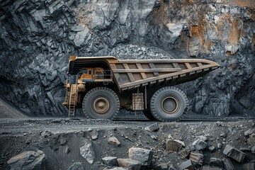 Large quarry dump truck loading coal at coal mine Mining equipment for mineral transportation