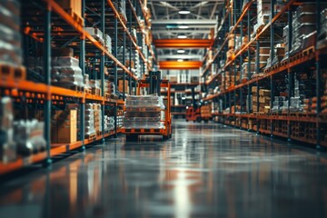 Large retail warehouse filled with shelves of goods on manual pallet trucks Forklifts in background Logistics and distribution center for product delivery - obrazy, fototapety, plakaty