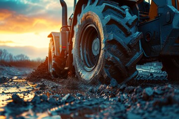 Large rubber wheels on earthmoving tractor at road construction site close up of dirty loader wheel with sunset sky background - obrazy, fototapety, plakaty