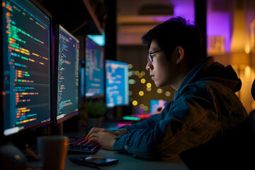 Dedicated programmer working late at night on multiple computer screens with code displayed
