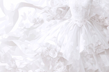 純白のエレガントなウェディングドレスと花の背景