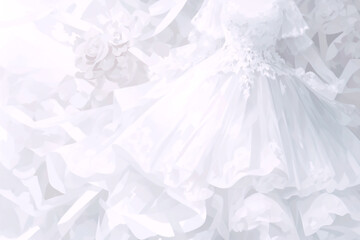 純白のエレガントなウェディングドレスと花の背景 - obrazy, fototapety, plakaty