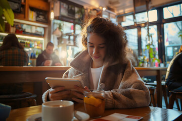 A young woman cozily wrapped in a warm coat uses a digital tablet in a well-lit, bustling cafe setting