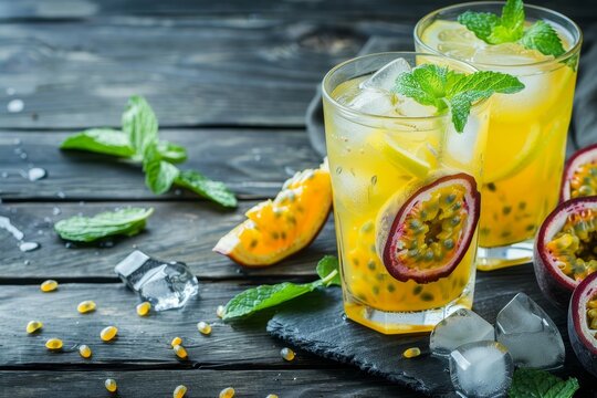Lemonade with passionfruit mint ice cubes on wooden background Copy space