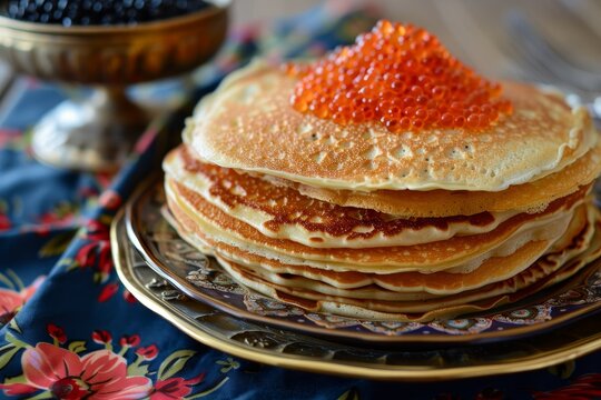 Maslenitsa celebration with pancakes and caviar