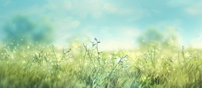 Abstract nature background featuring grass in a meadow with a blue sky during spring or summer.