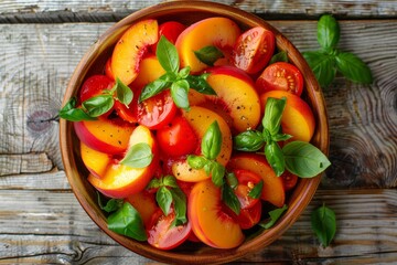 Overhead view of rustic wooden background with closeup peach tomato basil salad