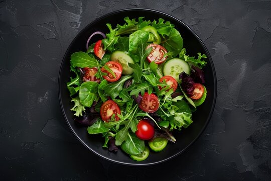Overhead view of garden salad in black bowl