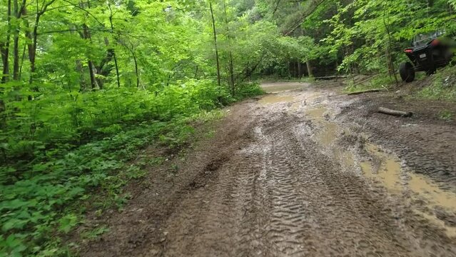 4-seat UTV or ATV running through a forest moving through deep mud past trees and up hills