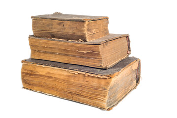 stack of ancient books, on white,