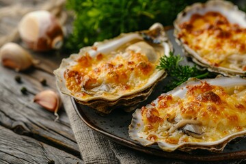 Oysters with cheesy gratin topping on plate with green garnish on rustic table