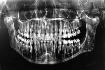 Panoramic x ray reveals multiple impacted teeth in upper and lower jaw - obrazy, fototapety, plakaty