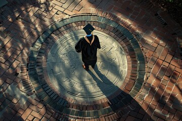 Aerial view of a graduate standing on a brick pavement with university emblem, wearing a cap and gown, holding a diploma.
