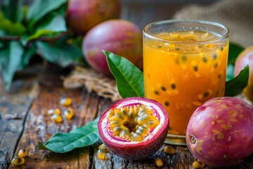 Passion fruit juice and fruit on wooden background Tropical
