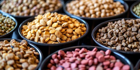 Fototapeta premium A variety of dog food in different colors and shapes. The bowls are arranged in a row, with some containing dry food and others containing wet food. Concept of abundance and variety