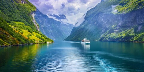 A boat is sailing on a lake in the mountains. The water is calm and the sky is cloudy. The mountains in the background create a serene and peaceful atmosphere - obrazy, fototapety, plakaty