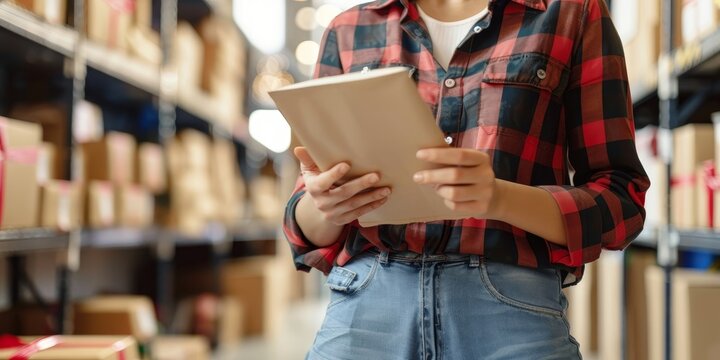 A woman is standing in a warehouse, holding a tablet in her hand. She is wearing a plaid shirt and jeans