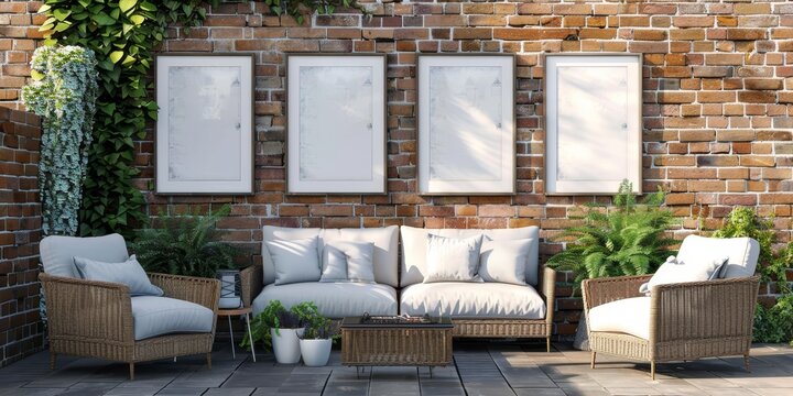 A brick wall with four white picture frames on it. The frames are empty and the wall is covered in plants