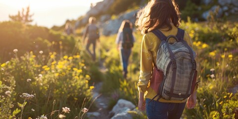 A woman is walking with her friends in a field. She is wearing a yellow shirt and has a backpack on her back. The scene is peaceful and serene, with the sun shining brightly on the flowers - obrazy, fototapety, plakaty