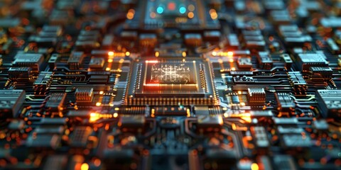 A computer chip is shown in a close up with a lot of detail. The chip is orange and yellow and has a lot of small parts. The image gives the impression of a complex and intricate piece of technology