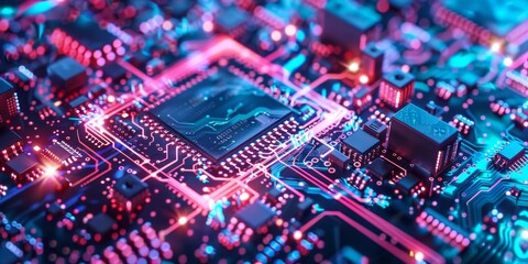 Obraz premium A computer chip with a red and blue background. The chip is made up of many small squares and rectangles