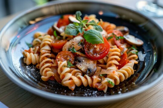Pasta salad with tomatoes arugula mushrooms and herbs