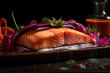Salmon fillet with red onion and parsley on black background