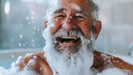 A man with a beard is laughing while taking a bath. The water is splashing all over him, and he is enjoying the moment