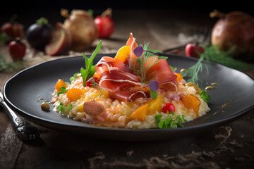 Risotto with prosciutto ham and vegetables on wooden background