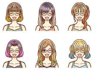 笑顔のグラデーションカラーヘアの眼鏡女性のイラスト素材