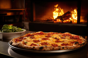 Pizza in front of a fire in a restaurant. Shallow depth of field