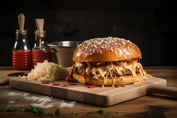 Cheese burger on a wooden cutting board with ingredients for cooking.