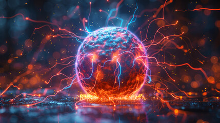 explosion of fire,
Plasma Ball with Energy Rays on Dark Background