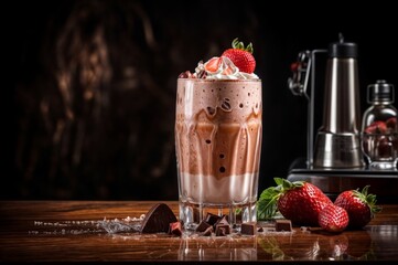 Chocolate milkshake with strawberries and chocolate on a wooden table