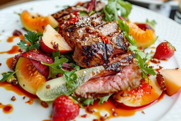 Plate with goat cheese salad strawberry melon salad chili apple orange sauce fig jam and meat closeup in modern gourmet restaurant