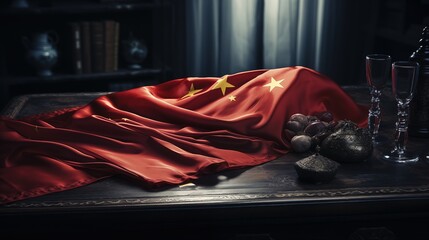 Chinese Flag Draped on Table with Dim Lighting - obrazy, fototapety, plakaty