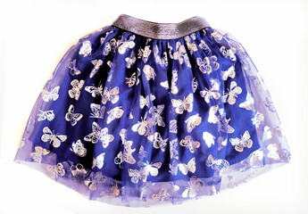 Navy blue tulle ballerina skirt with butterfly pattern, isolated on white
