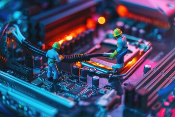 Selective focus of miniature engineer and worker fixed and maintenance mainboard computer - obrazy, fototapety, plakaty