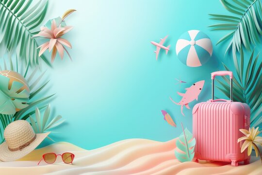vacation travel time banner, travel suitcase with exotic destination inside with copy space area