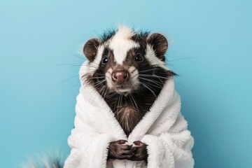 A skunk in a white bathrobe, looking directly at the camera against a blue background.