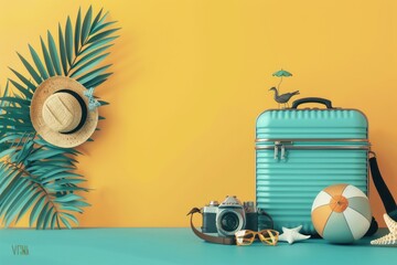 vacation travel time banner, travel suitcase with exotic destination inside with copy space area - obrazy, fototapety, plakaty